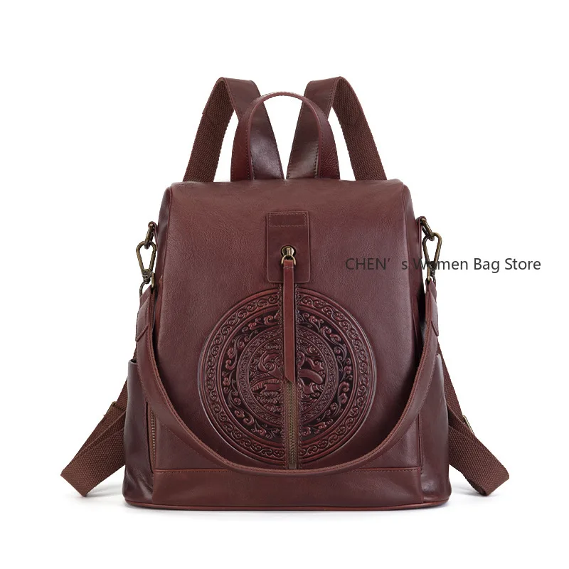 

New Handmade Cowhide Backpack For Women's Large Capacity Genuine Leather Handbag Retro Travel Shoulder Bag Schoolbag