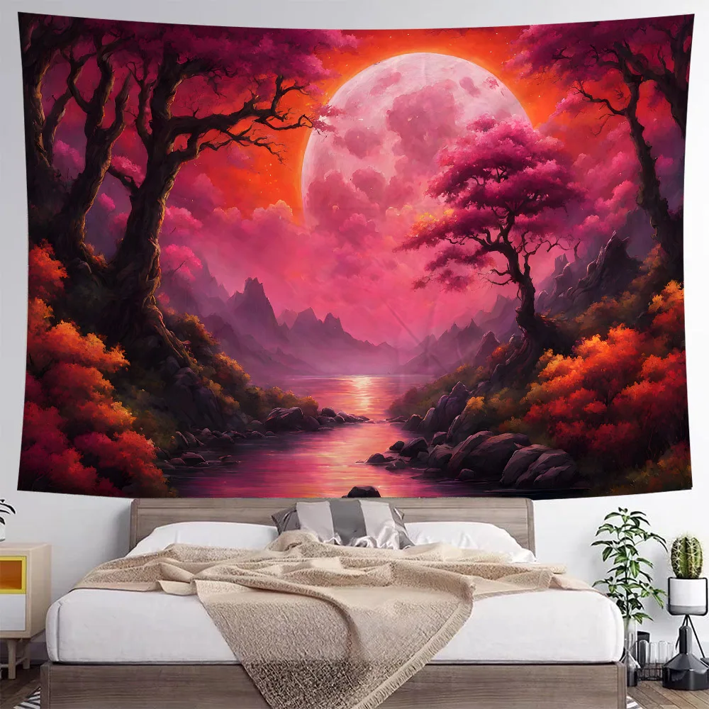 Fantasy Forest Night Scene Wall Tapestry Starry Sky Beach Sparkling Background Hanging Cloth for Interior Decoration