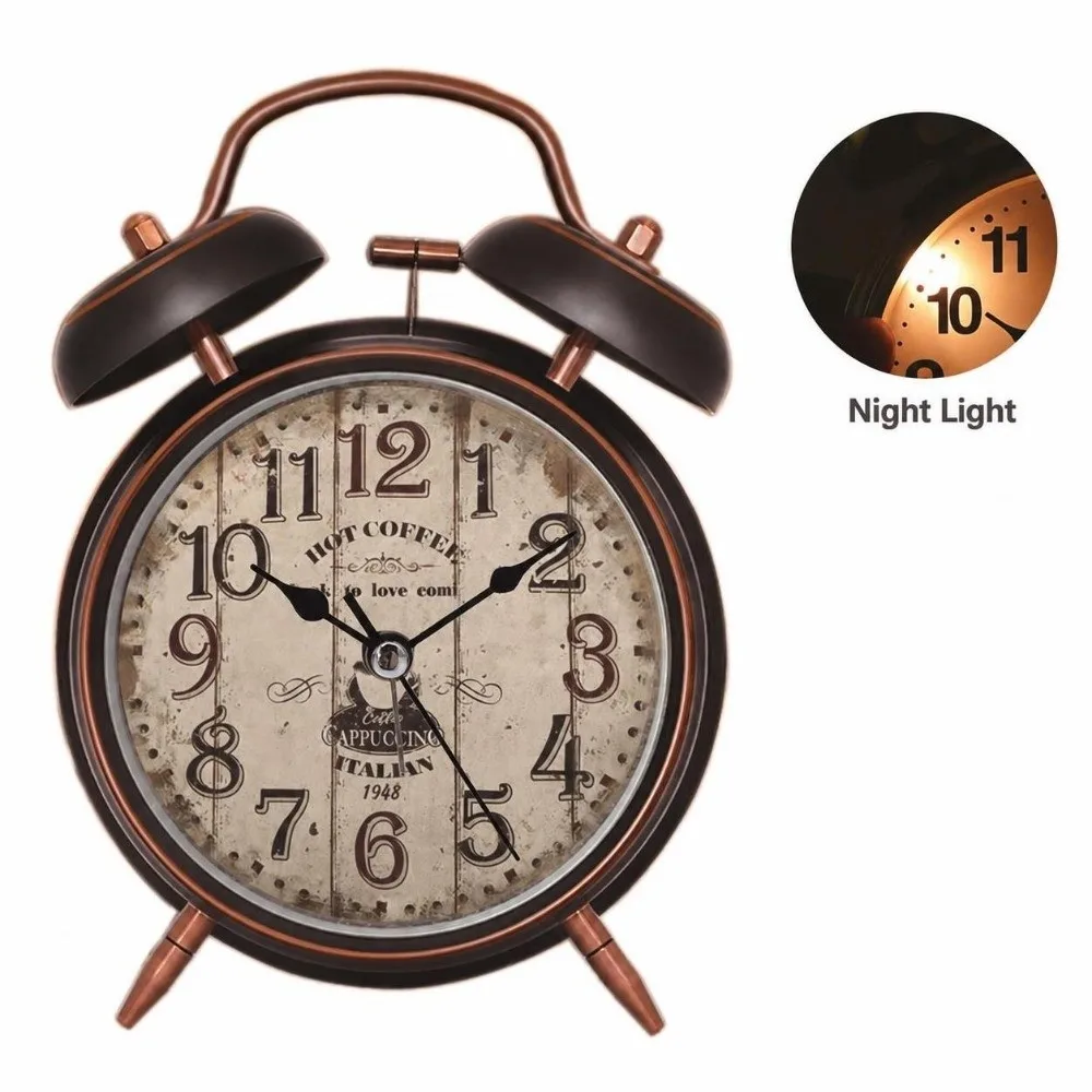 4 Inch Retro Alarm Clock Black&Gold with Night Light Desktop Clock Easy Operate Silent Movement Ringing Alarm Clock Dormtory