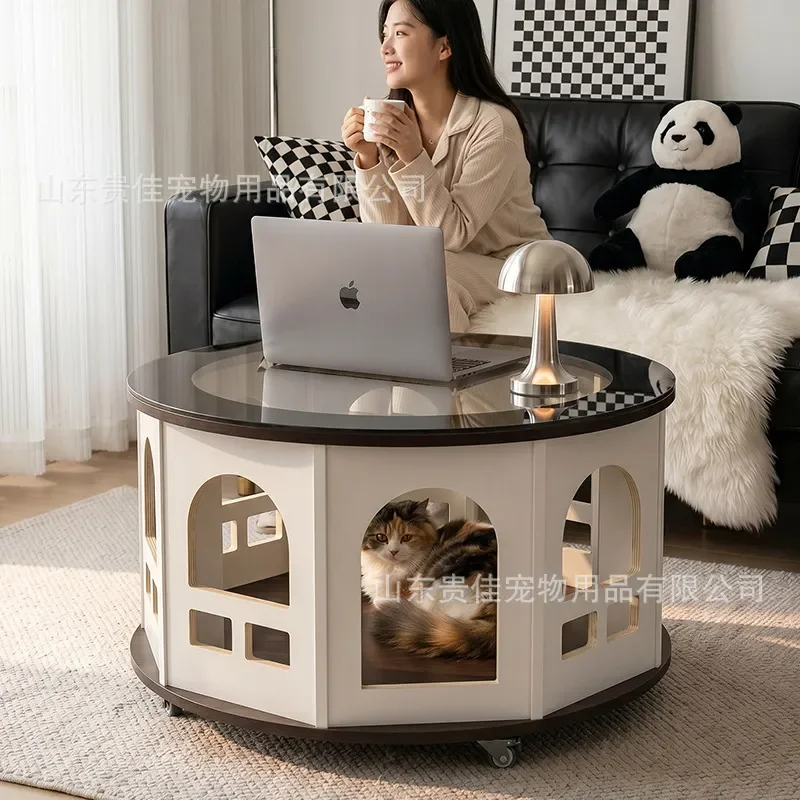Wooden Cat Villa House Pet Nest Coffee Table Dual Purpose Cat Cage Furniture Pet Supplies