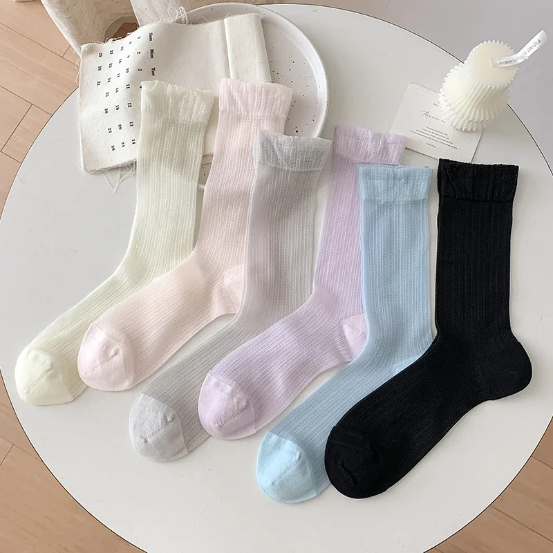 New Socks For Women Summer Solid Color Ultrathin Fashion Mesh Socks Breathable Soft Simple Plain Socks Long Fresh Korean Style