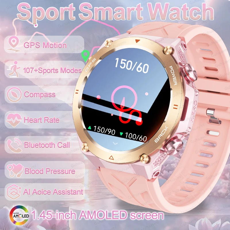 

GUHUAVMI New Outdoor GPS Smart Watch Women AMOLED Screen Blood Pressure Bluetooth Call IP68Waterproof Smart Watch 650mAh Battery