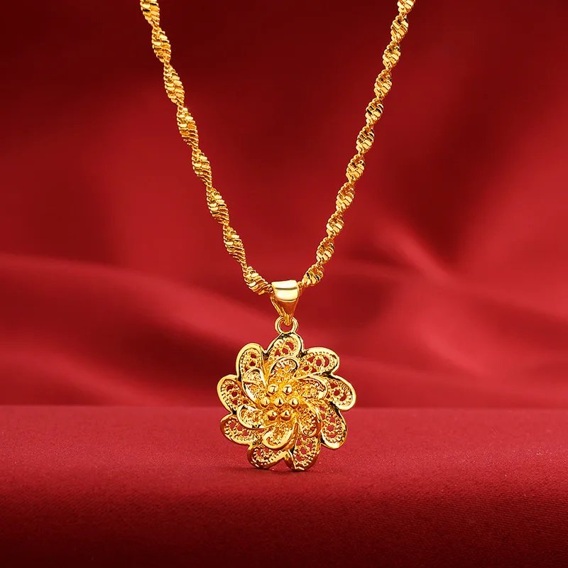 

AU999 Gold Necklace Womens Flower Pendant Sweater Chain 24K Pure Gold Pendant Japanese and Korean Fashion Jewelry for Girlfriend