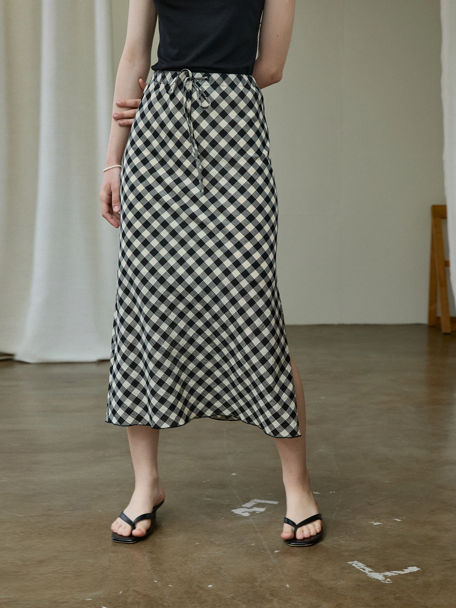 Xumooxii Retro Black White Plaid Asymmetrical High Waist A-Line Skirt Women's Summer New Straight Tube  Midi Dress