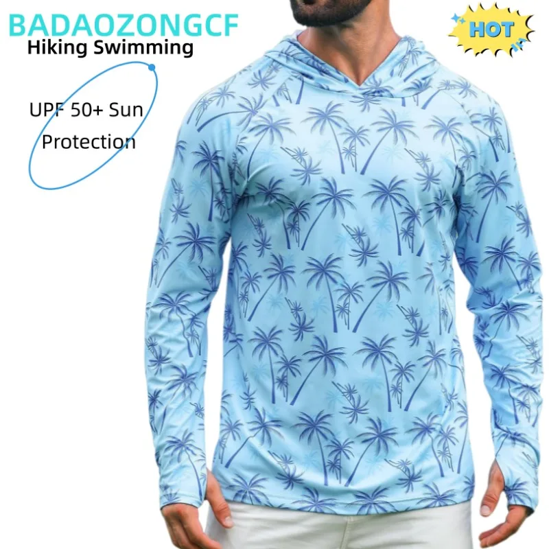 iCKER Men's UPF 50+ Sun Protection Hoodie Shirt Rash Guard Long Sleeve Shirt UV Fishing Outdoor Hiking Swimming Running