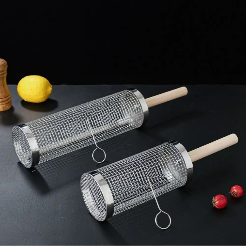2/3Pcs Set Useful Stainless Steel BBQ Basket Wire Mesh Thicken Barbecue Rack Wood Handle Portable Barbecue Cage Grill Tool