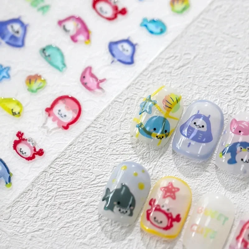 Lovely Cartoon Jellyfish Whale Shark Starfish Shells 5D Jelly Self Adhesive Nail Art Stickers Cute Manicure Decals Wholesale
