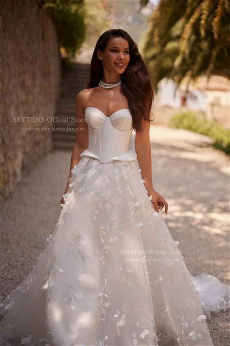 SSYTENS Customized A-Line Tulle Wedding Dresses Sweetheart Neck Appliques vestidos de noche Sleeveless Long Train robe de mariée