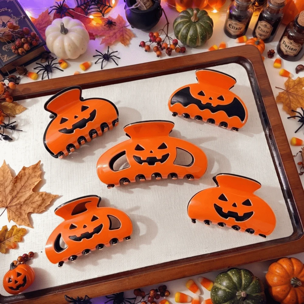 Non Slip Grip Halloween Hair Claws Funny Design Orange Color Pumpkin Hair Claw Clips Durable Materia Cute Style