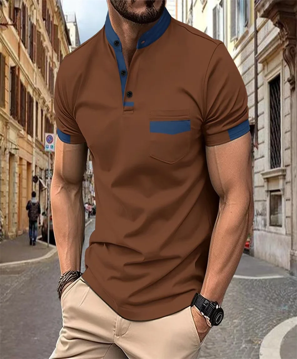 

Men's Short-Sleeved POLO Shirt Solid Color Front Pocket Henry Collar Fashion Summer Lightweight Breathable Collage High Quality