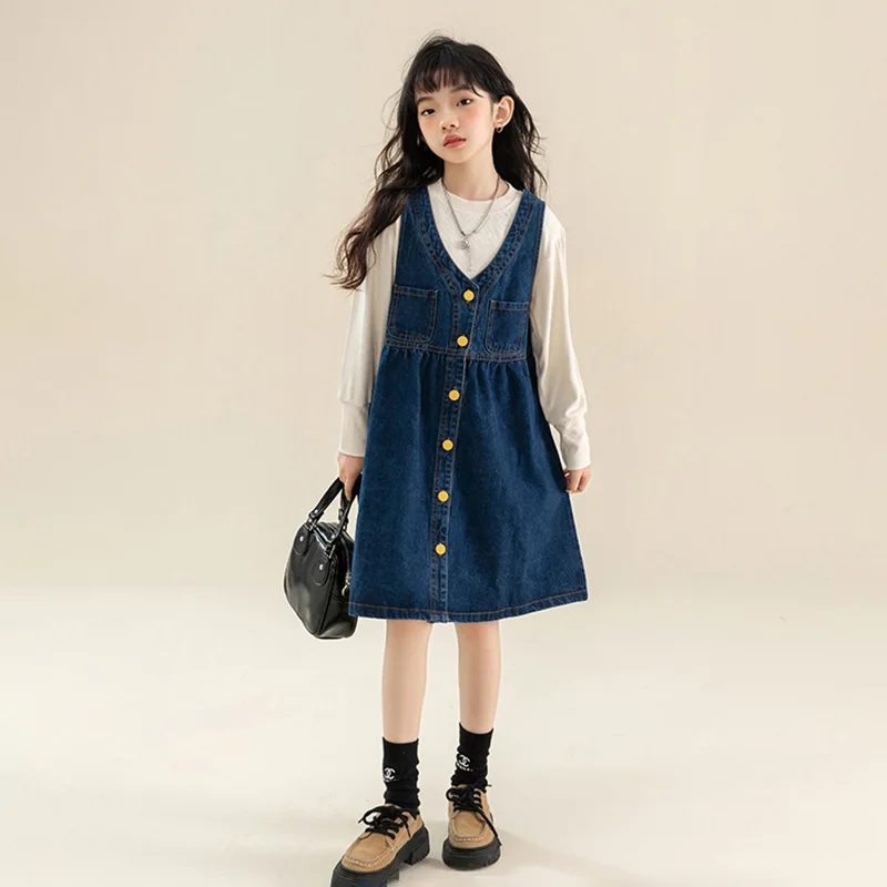 

Girls Spring And Autumn Denim Tank Dress And Shirt Set Children's Elegant Cowboy Skirt Children's Fashion Strap Vest Jeans