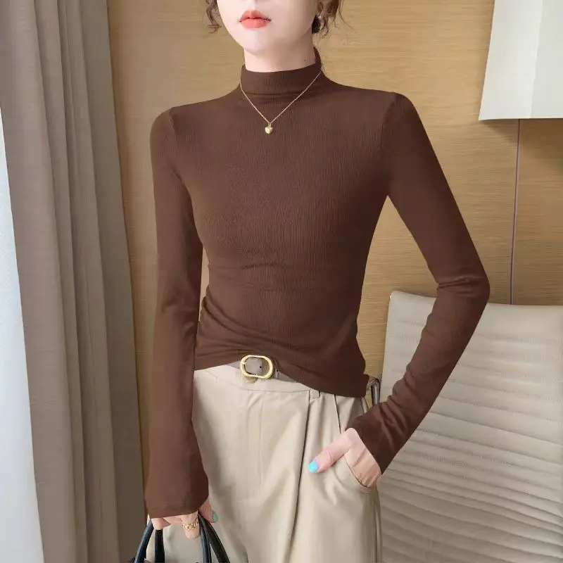 

Женская приталенная базовая футболка с воротником-стойкой, весенне-осенняя, для многослойных образов, белая, размер S