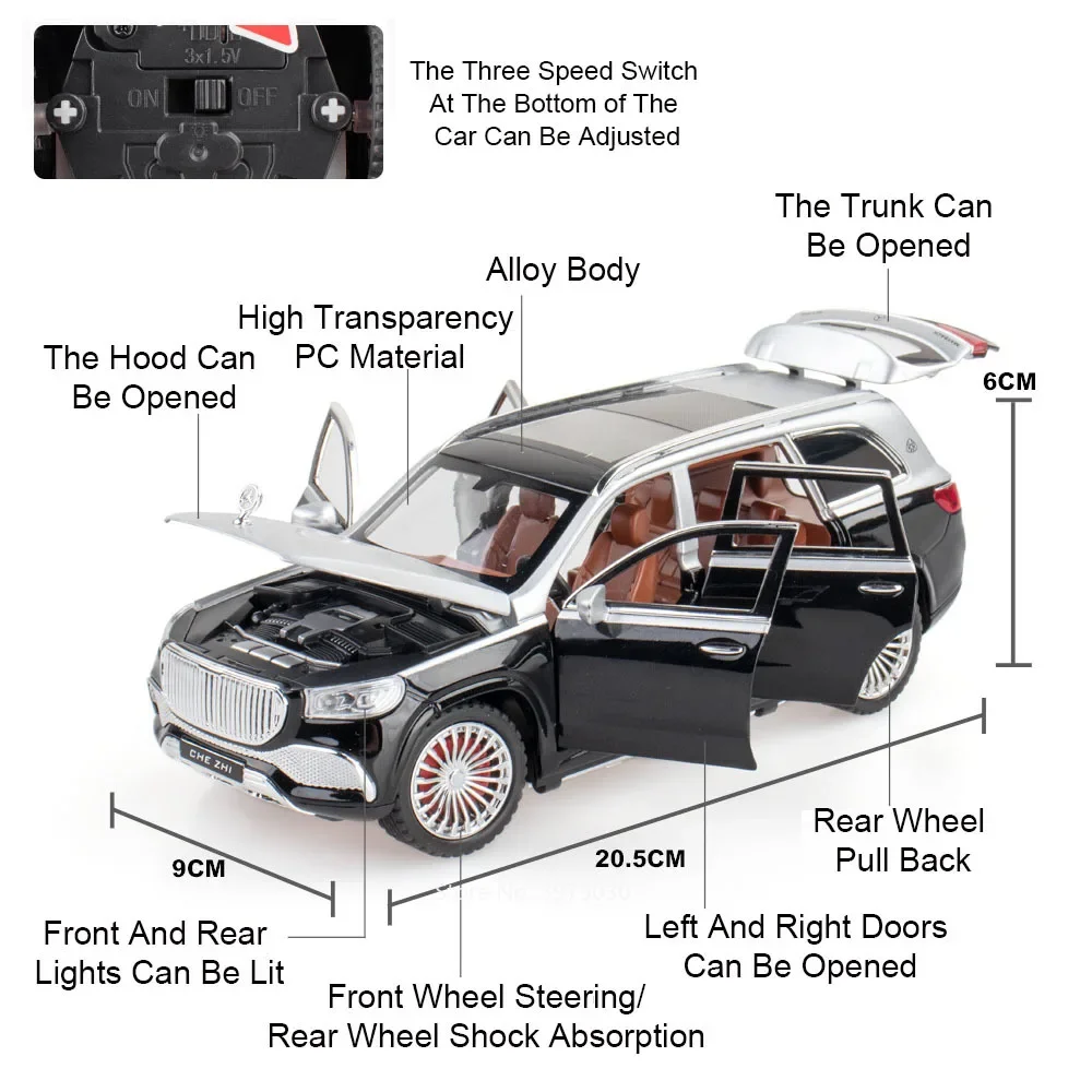 Maßstab 1:24 Maybach GLS600 Legierungsmodelle Autos Spielzeug mit leichter Musik Rückziehfahrzeuge Gummireifen Auto Kinder Geburtstagsgeschenke