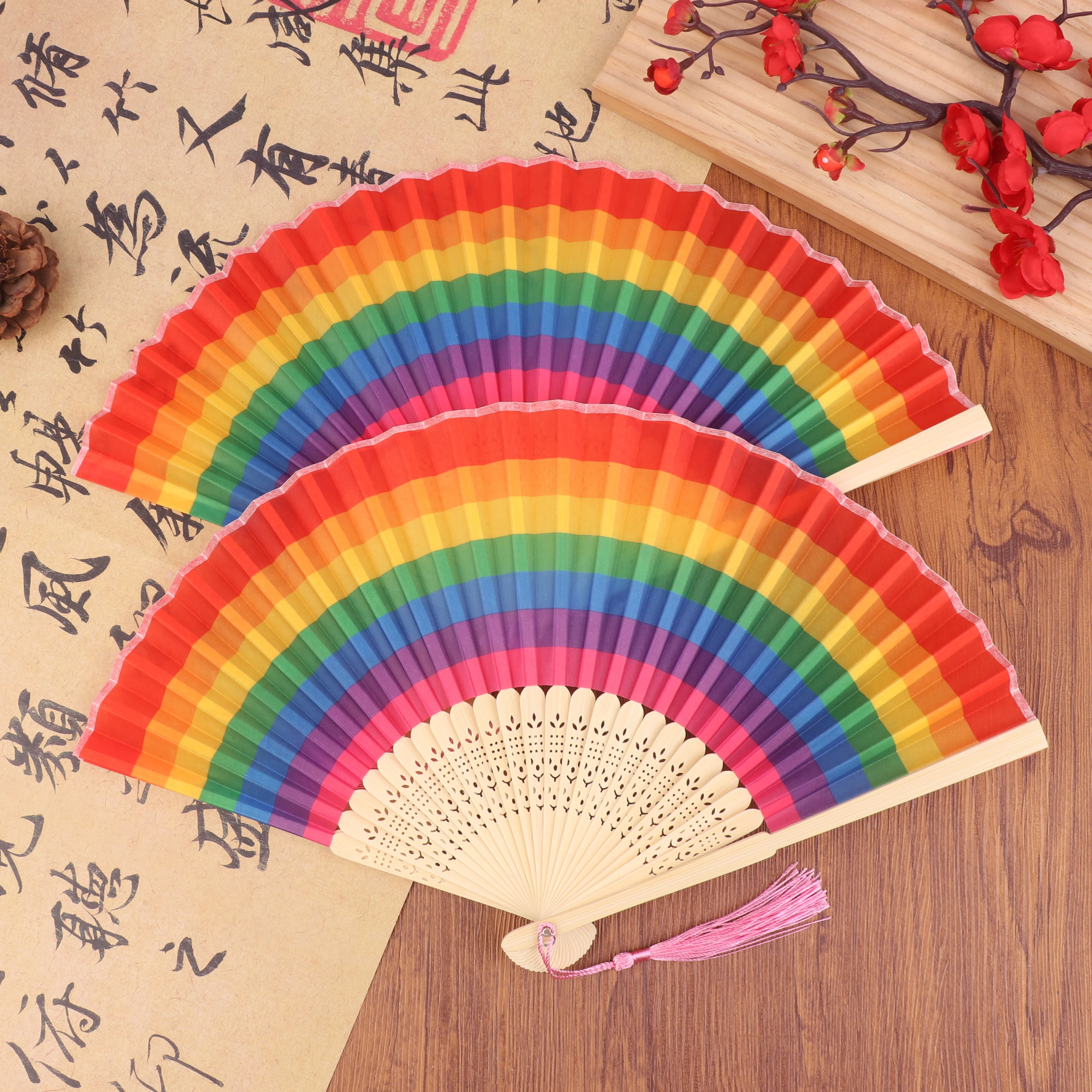 Large Foldable Rainbow Hand Fan Portable Spanish Style Folding Handheld Fan for Costume Party Travel Cooling Use Women