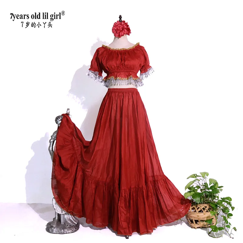 Women Girl Spanish Flamenco Top-Skirt Costume Customized Dress Gyspy Festival Performance Dance Wear Set AA11