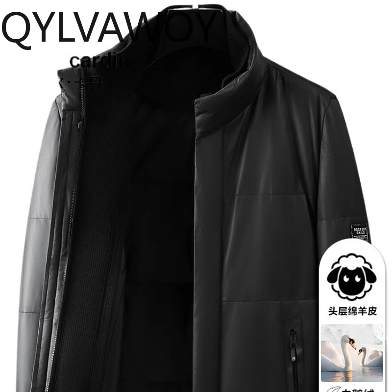 

QYLVAWOY 2025 зимнее высококачественное мужское пальто из натуральной кожи, утепленный бархатный пуховик с воротником-стойкой, верхняя одежда-пуховик LJ2614