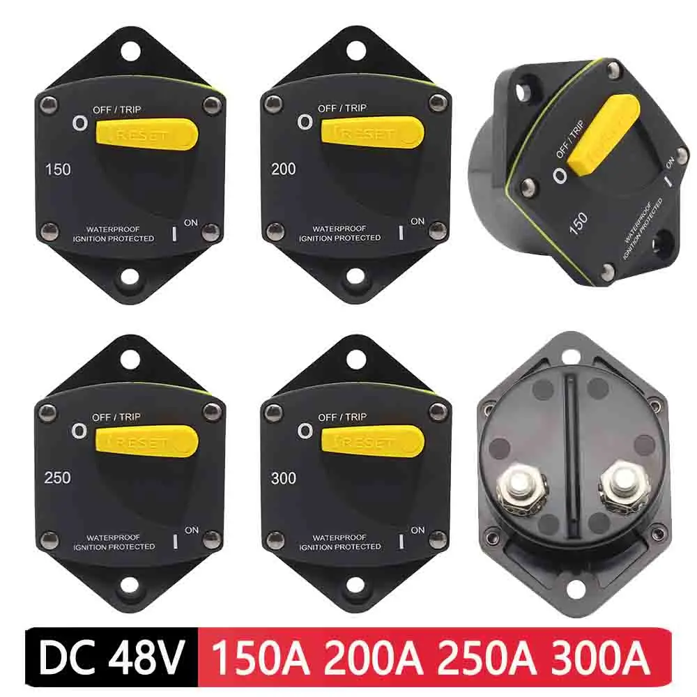 DC 48V Circuit Breaker 150A 200A 250A 300A with Manual Reset Car Audio Recovery Safety Seat Switch IP66 Waterproof Large Current