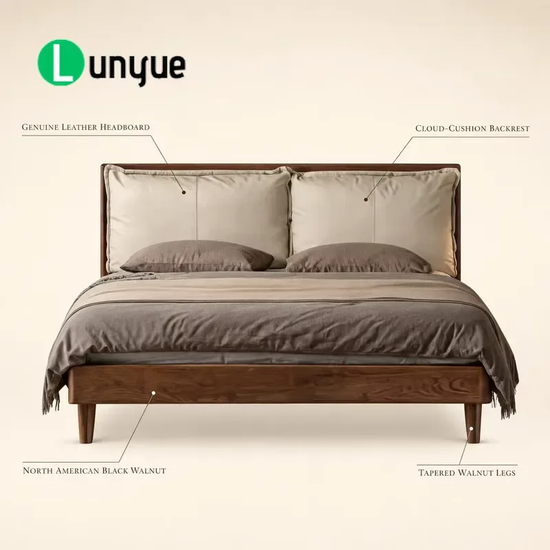Modern Cloud Bed with Pillows Soft Leather Headboard American Black Walnut Frame Master Bedroom Deck Bed Stylish Comfortable