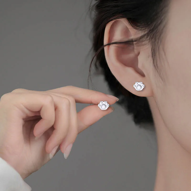 Frosted Cat Paw Stud Earrings for Women Stylish Birthday Gift Silver Plated Jewelry Accessory for Ladies And Girls