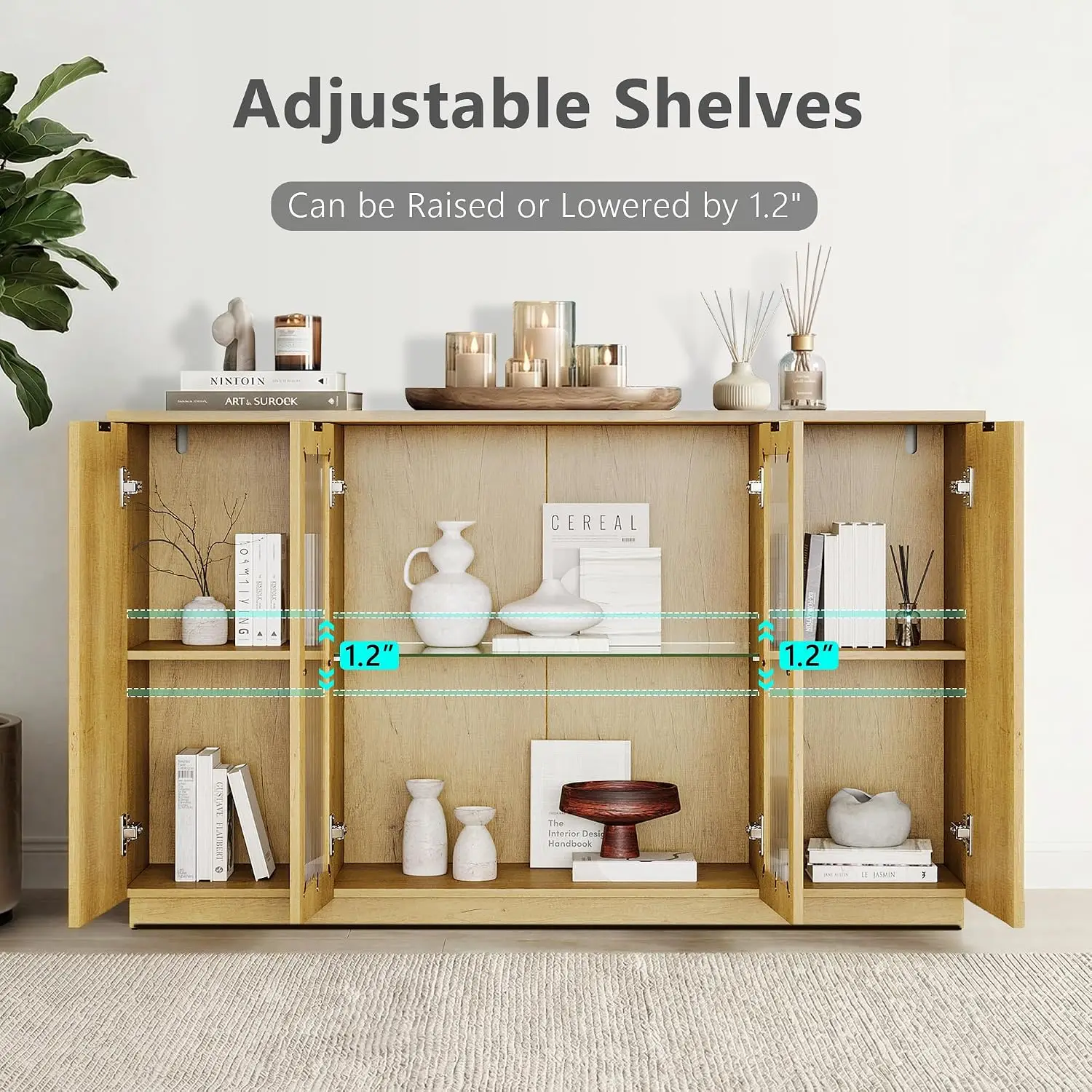 55" Sideboard Buffet Cabinet Glass Doors & LED Lights Storage Adjustable Shelves Coffee Bar Kitchen Living Room Wood, Customized image 5
