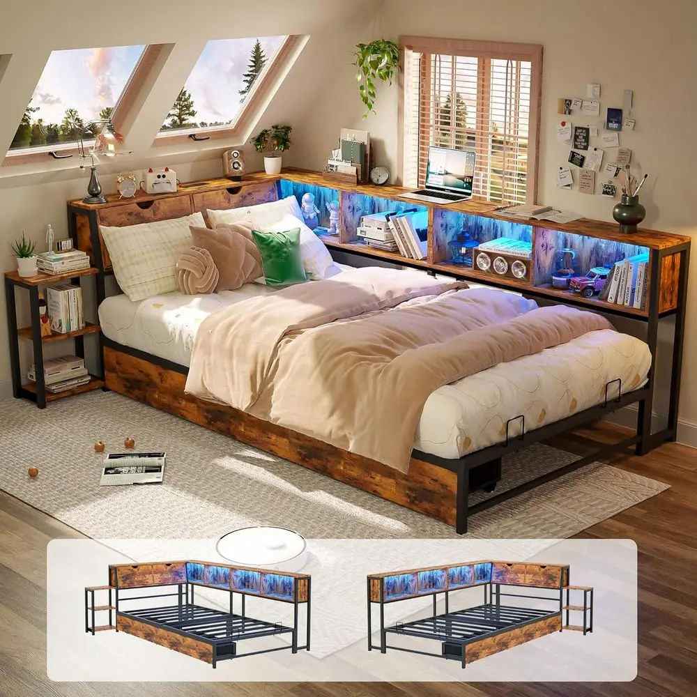 

Двуспальная металлическая кровать-платформа с книжным шкафом для хранения, стеллажом, тумбой, дневной кроватью, светодиодной подсветкой и зарядной станцией для гостиной, спальни