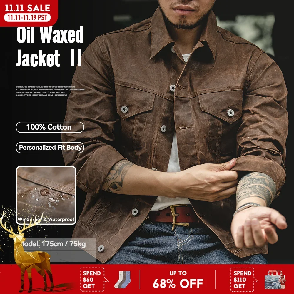 

Maden Retro Heavyweight Canvas Oil Waxed Jacket Cotton Waterproof Hunting Coat Male Spring Khaki Casual Work Safari Style Jacket