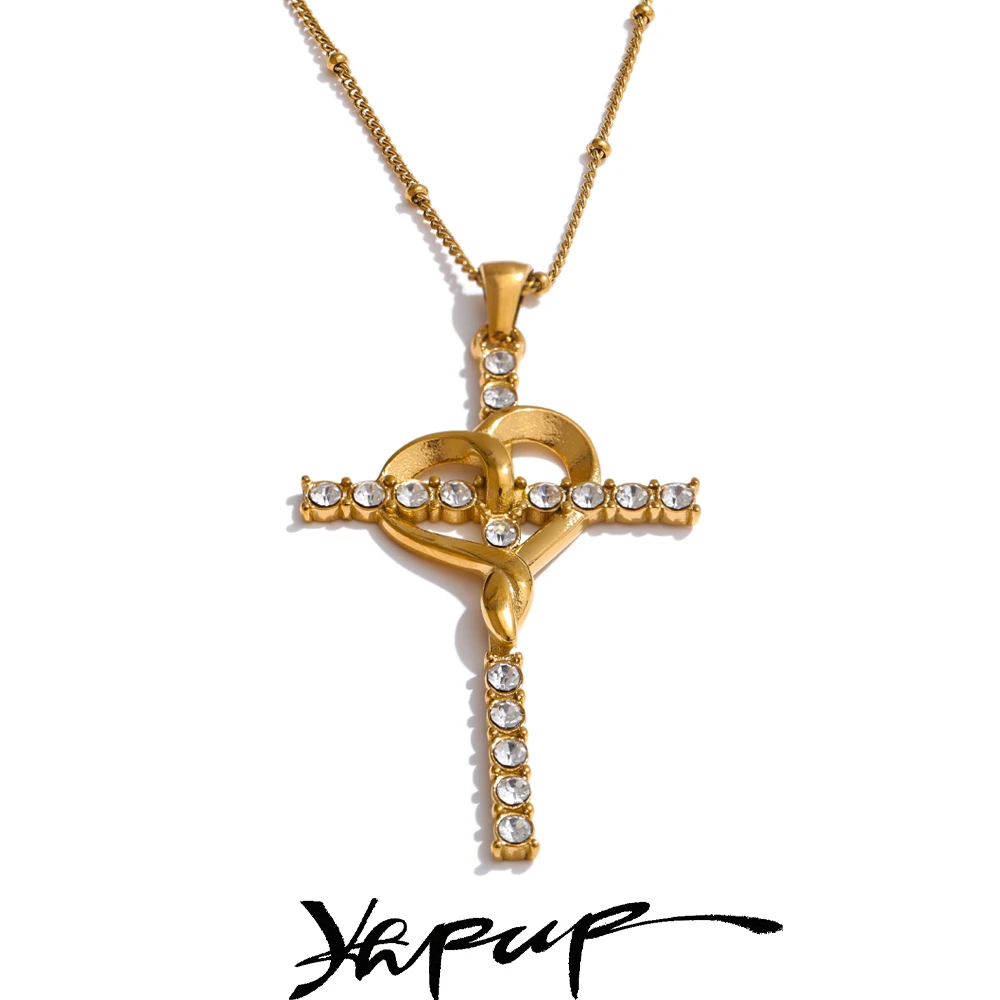 Yhpup Stainless Steel Cubic Zirconia Cross Heart Pendant Necklace for Men Women 18K PVD Plated Fashion Unisex Lovers Jewelry
