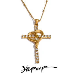 Yhpup Stainless Steel Cubic Zirconia Cross Heart Pendant Necklace for Men Women 18K PVD Plated Fashion Unisex Lovers Jewelry