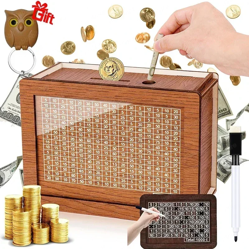 1000/2000/3000/5000/10000 Euro Money Box Wooden Piggy Bank with Reusable Money Box with Saving Goal and Numbers Boxes