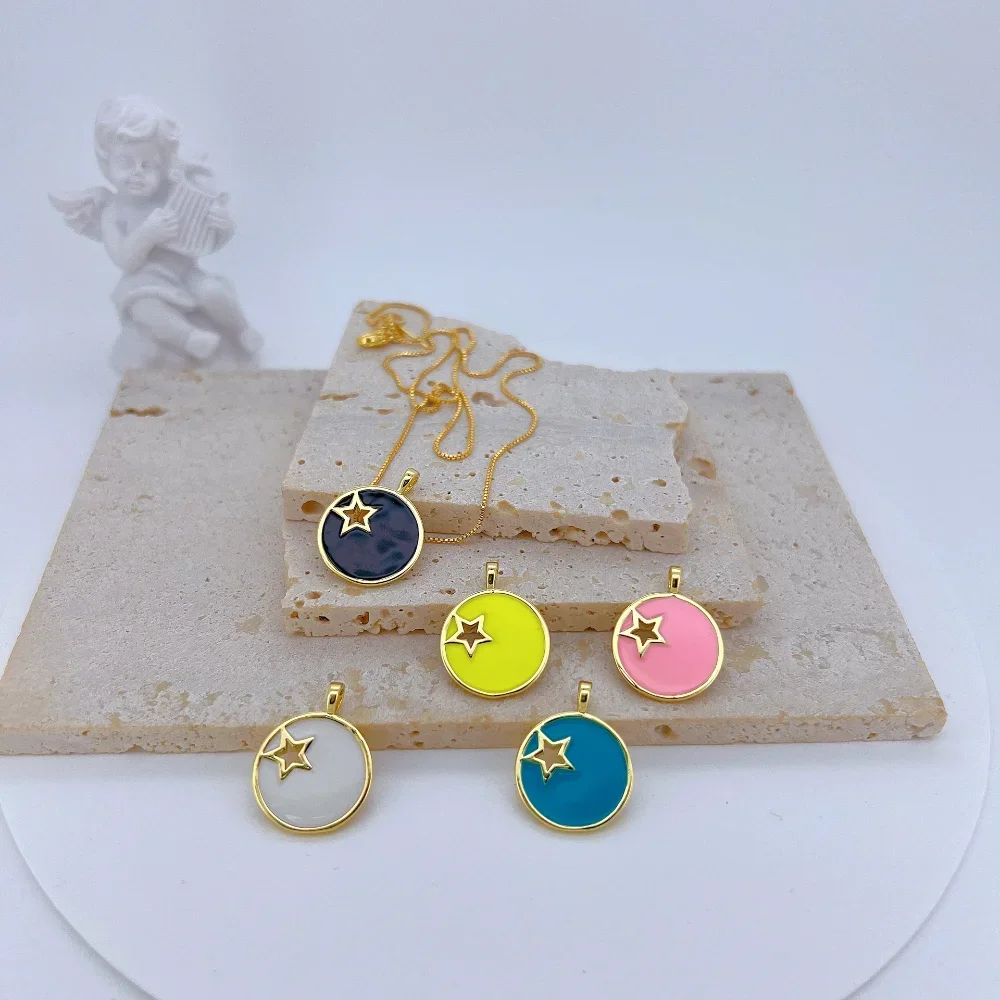 3 Pcs Round Pendant for Diy Necklace Bracelet Making Brass Color Enamel European American Style Hollow Stars Jewelry Accessories