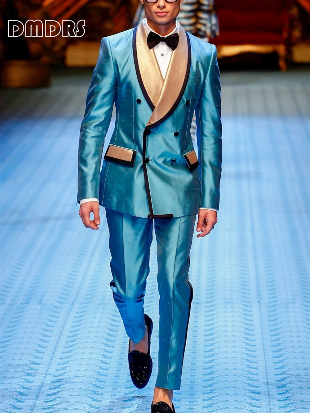 

Double Breasted Luxury Feel Satin Suit Set for Men, Contrast Colors Tailored Suit Jacket Pants Pageant Party Tuxedo Plus Size