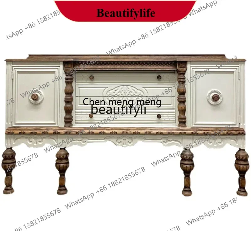 D178 H French antique side cabinet American country, European solid wood carving flower entrance foyer entrance cabinet