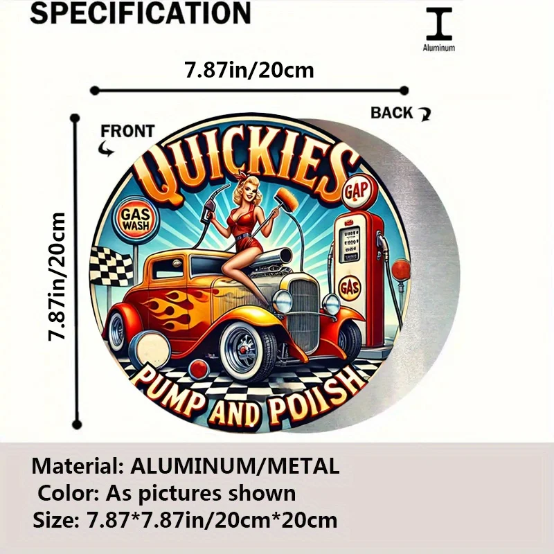 2D Flat 1pc Vintage Metal Sign Quickies Pump and Polish Aluminum Round Poster with Retro Car and Gas Station Imagery, Retro Vint