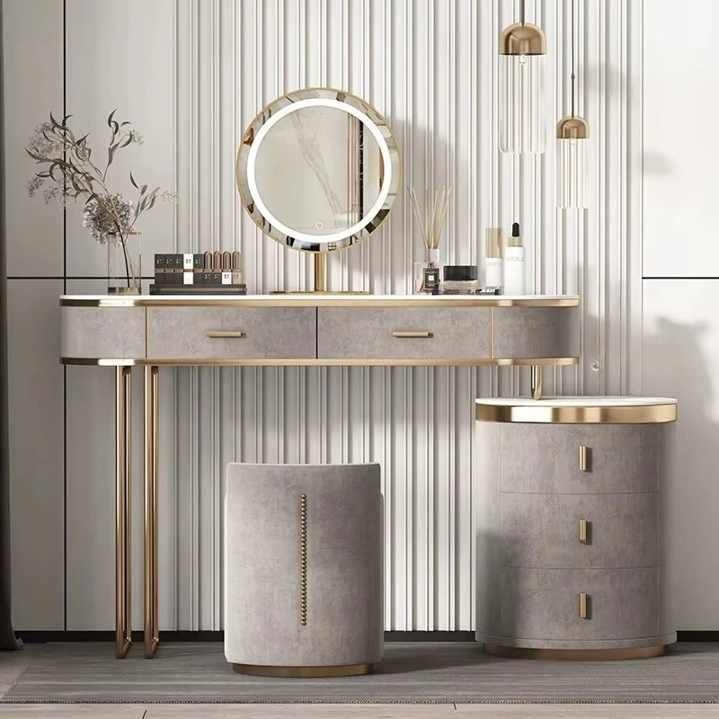 Luxury Bedroom Furniture Dresser Mirror Light Emitting Diode Bulb Marble Top Makeup Dresser
