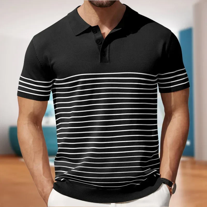 Pop Men's Casual Trendy Black White Khaki Striped Short Sleeve Turn-down Collar Business Slim T-shirts New Fashion Male Tops Clo