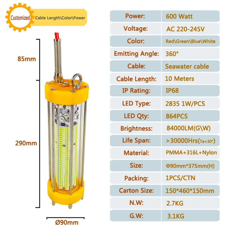 Green Underwater Fishing Lights 220V 600W Squid Fishing Lamp Salmon Farming Light Water Proof Fishing Lights