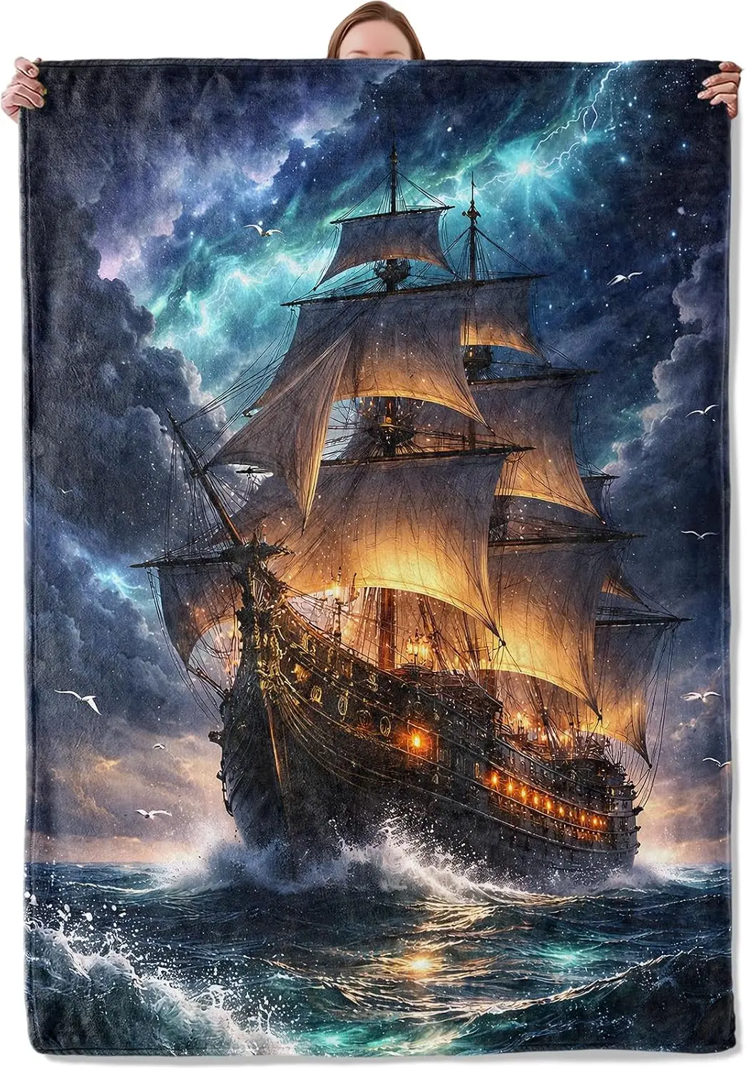 Magical Night Old Sailing Vessel Choppy Sea Galaxy Cloud Art Flannel Blanket Soft Warm Rug for Rest Room Cool Marine Home Decor