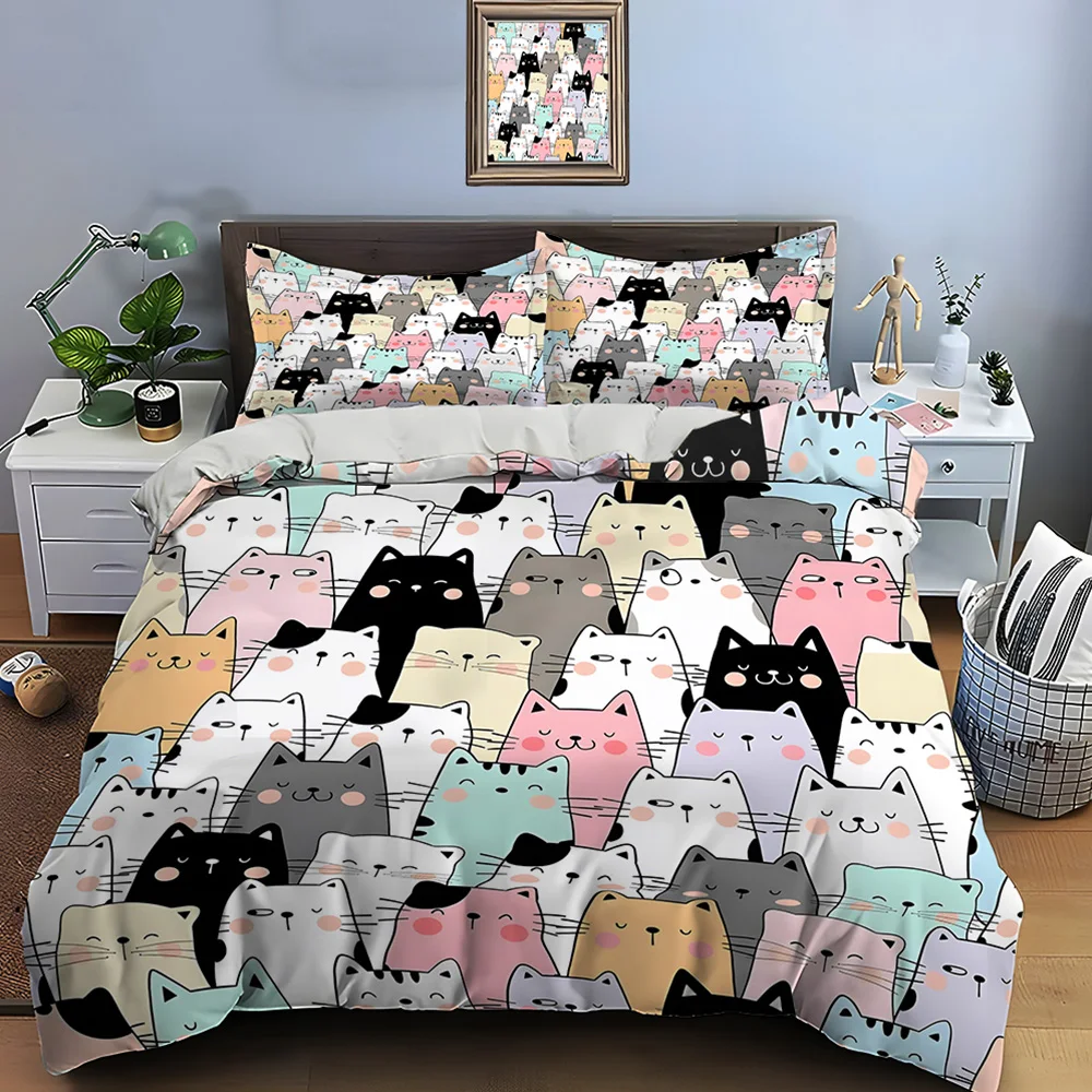 Cute Cartoon Cats Print Bedding Set Duvet Cover 1 Duvet Cover 2 Pillowcases Adult and Children Bedding Set Luxury Comforter Set