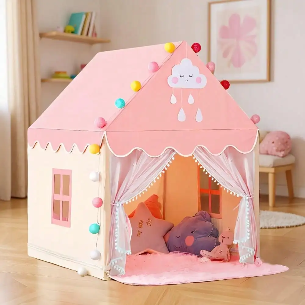 rge Pink Castle Play Tent for Boys Girls, Sturdy Alloy Frame Heavy Duty Foldable Kids Playhouse, Indoor Outdoor Secret Hideout, Role Play House, Birthday Party Decor, Children Play Toy, No Lights Included