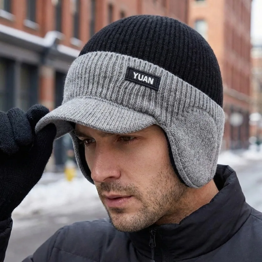 Unisex Thick Men's Knit Hat Windproof Duckbill Brim Cycling Beanie Polyester Warm Ear Flap Hat Outdoor