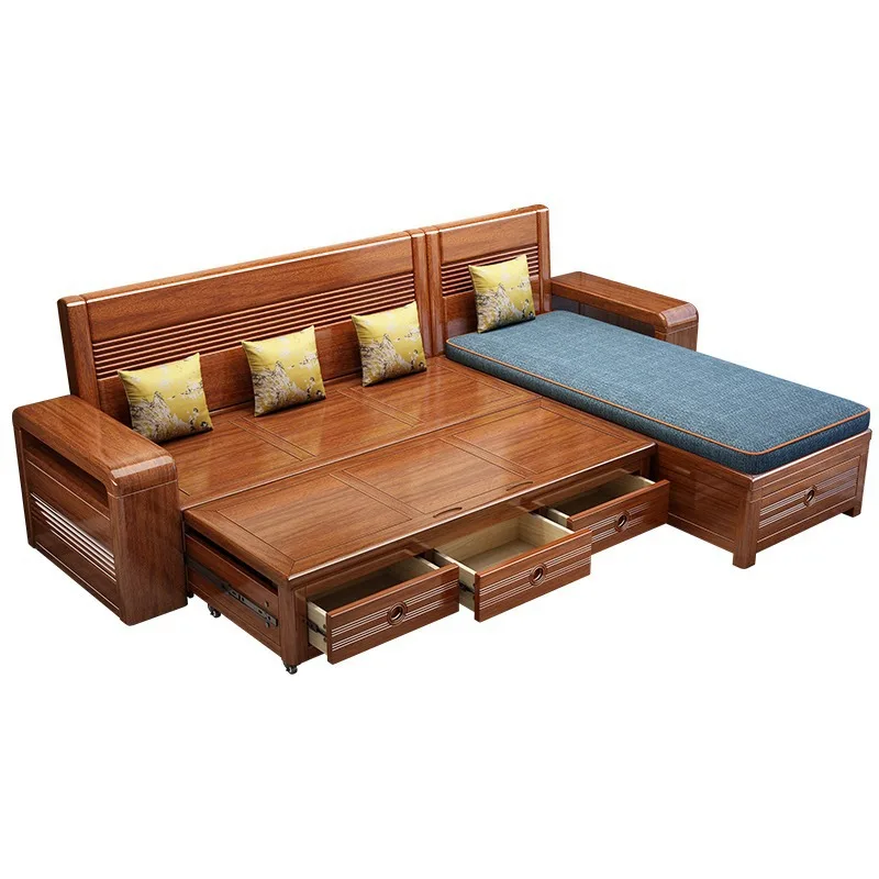 

New model, living room solid wood sofa, small apartment, three-person broaching bed, new Chinese style