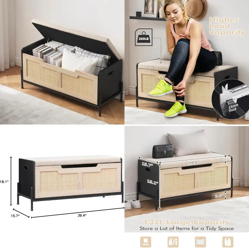 

Скамья для хранения из ротанга с подушкой для прихожей, сундука для хранения обуви, защитных петель и багажника для организации прихожей