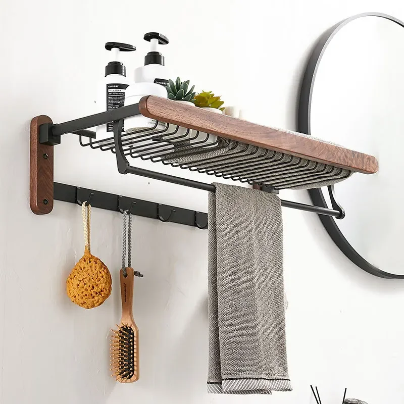 Solid Wood Bathroom Towel Rack Without Punching Toilet Wall Hanging Storage Rack Light Luxury Toilet Folding Towels Stand