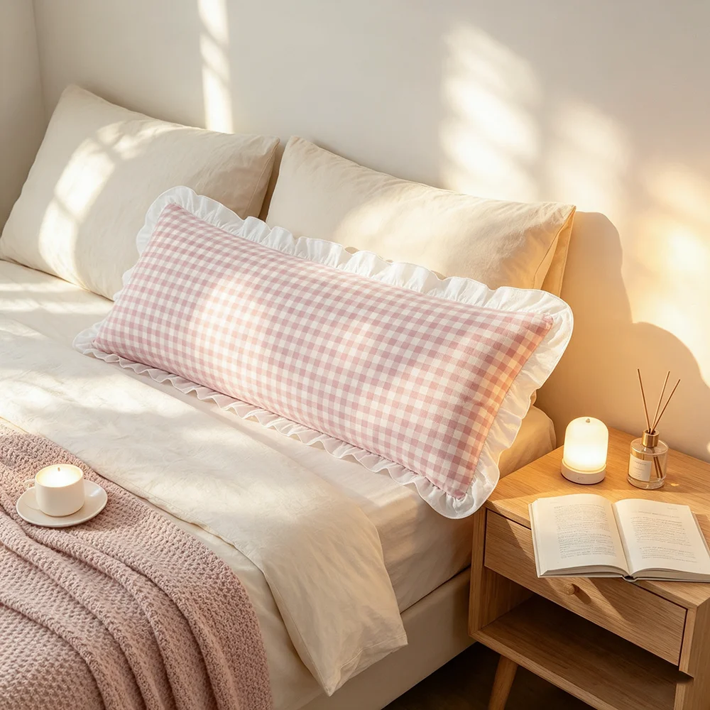 Pink Gingham Ruffle Edge Rectangle 1PC Pillow Cover, Soft Washed Cotton Decorative Waist Cushion Case for Sofa Bed Home Decor