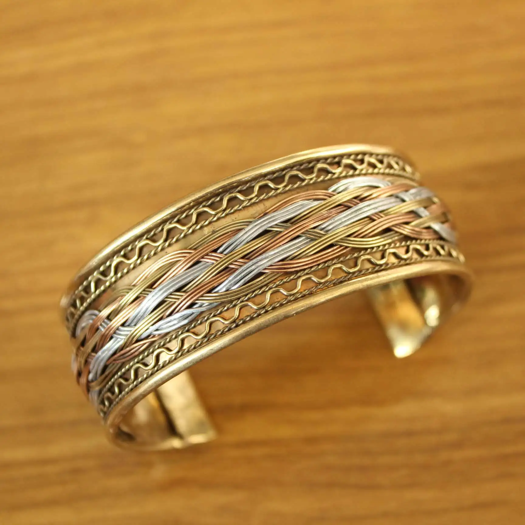 BR485 Handmade Nepal 3 Color Copper Metal Braided 25mm Wide Open Back Cuff Bracelet