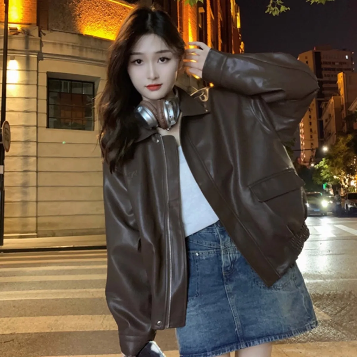 Black Brown PU Leather Coat Women\'s Short Spring Autumn New Hong Kong Style Retro Leisure Motorcycle Coat Zipper Leather Jacket