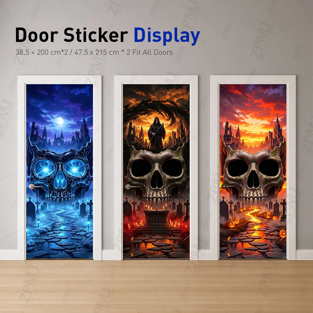 Halloween Gothic Skull Reaper Door Sticker PVC Self‑Adhesive Waterproof Wipeable Decal for Indoor Bedroom Home Door Wall Decor