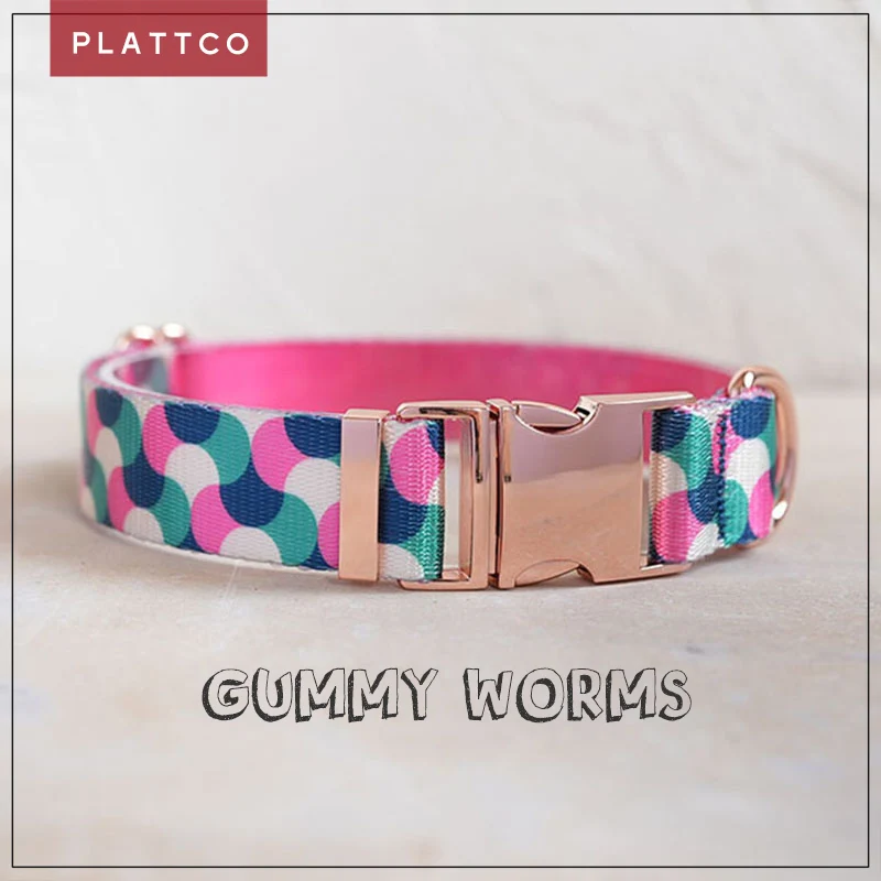 PLATTCO unique design dog collar print GUMMY WORMS pattern with high-quality rose gold buckle 5 size PDC317RG