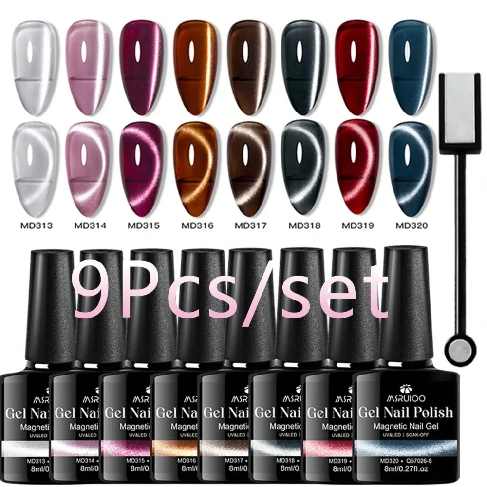

MSRUIOO 9Pcs/Set 8ml Magnetic Long-Lasting Moonlight Cat Eye Gel Polish, Multi-Color Shift, UV/LED Soak Off Varnish For Home Salon Manicures Nail Art Nails