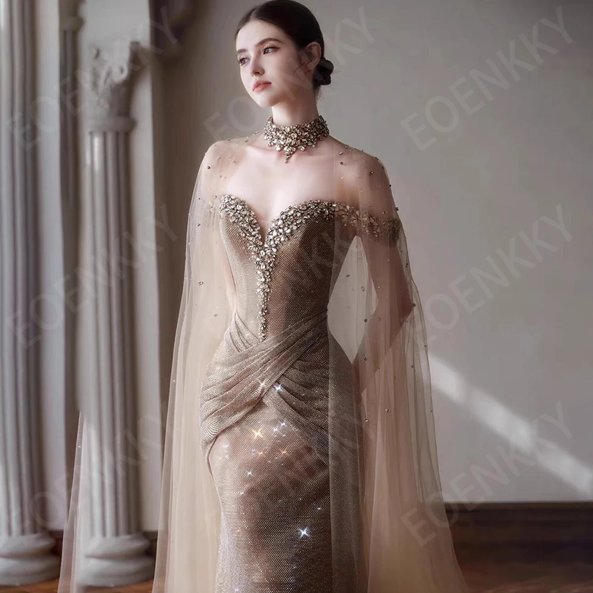 EOENKKY 럭셔리 크리스탈 머메이드 이브닝 드레스 숄 튤 스파클리 스위트하트 프롬 드레스 맞춤 제작된 고급 이브닝 드레스 2026고급스러운 크리스탈 인조 저녁 드레스와 샤울 샤울 주주주문을 받아서 만들어진 주주문을 받아서 만들어진 스파클리 사랑스러운 귀여운 prom 드레스